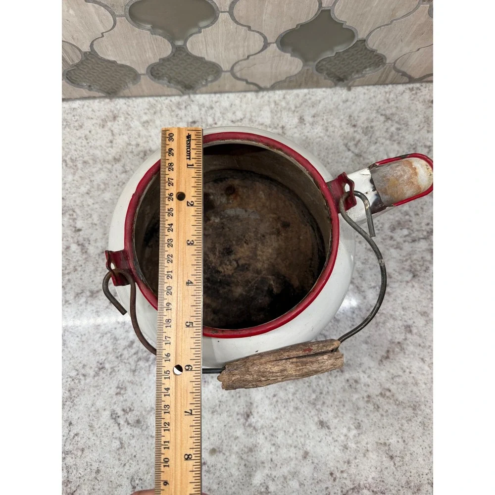 Vintage White Enamelware Tea Kettle Red Rim Wood Handle Primitive Farmhouse Deco